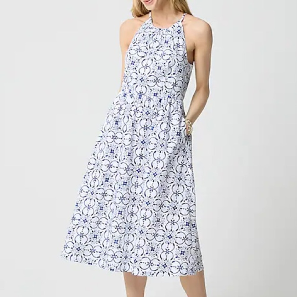 J.Crew Blue & White Tile-Print Halter Midi Dress – Size 8 – NWT